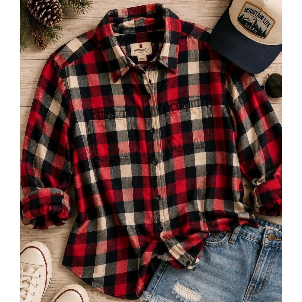 Woolrich Women XXL Buffalo Plaid Flannel Shirt Red Black Cotton Shacket Plus